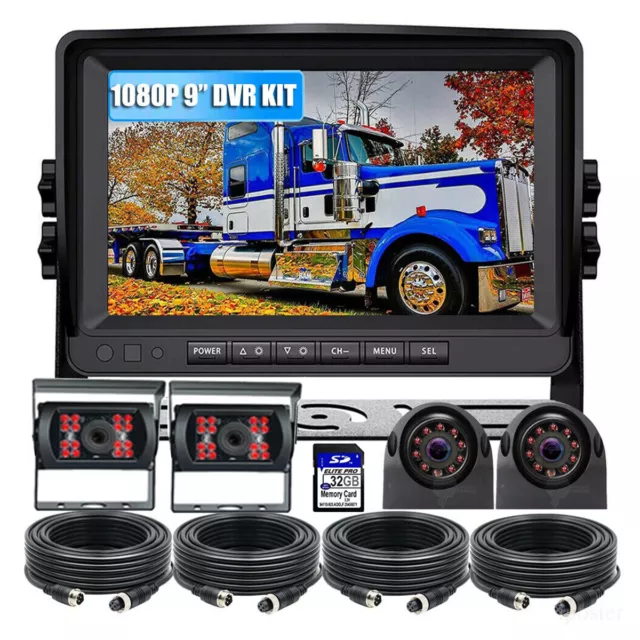 9" Quad Monitor DVR Recorder 4x Side Rear View Backup Camera For Motorhome Truck