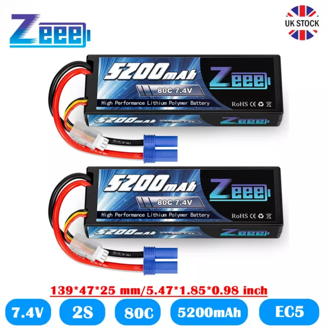 2X Zeee 2S LiPo Battery 5200mAh 80C 7.4V EC5 Hardcase for RC Car Heli Truck FPV