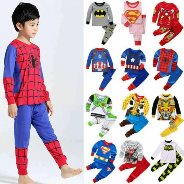 Kids Boys Girls Spiderman Iron Man Pyjamas PJs Set Sleepwear Outfit Nightwear