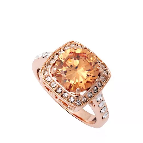 NEW 18K Rose Gold GF Big Champagne Crystal Fashion Ring Women's Gift Stunning