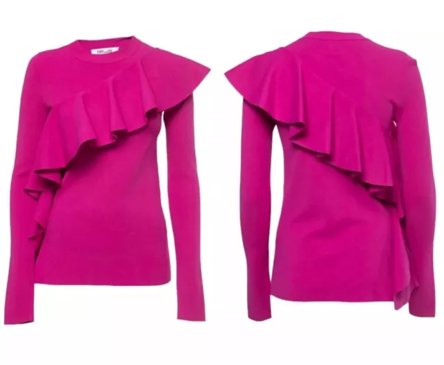 Diane von Furstenberg Asymmetrical Ruffle Front Pullover Ribbon Pink Size L $368