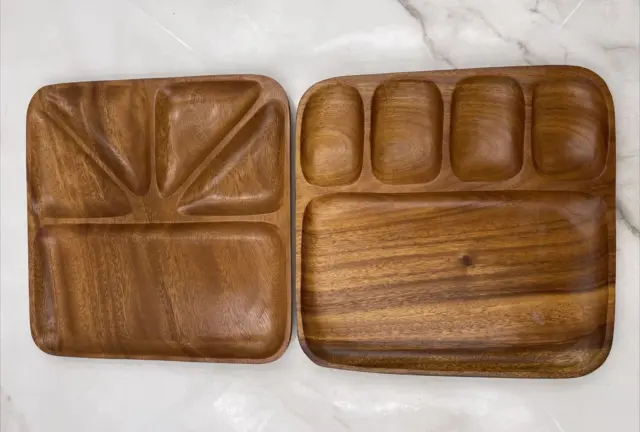 Vintage Danish Modern Teak Wood Divided Square Tray Plate Set of 2