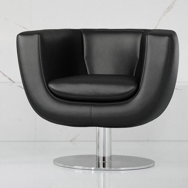 Modern Macie Swivel Lounge Chair - Black Italian Top Grain Leather with Brushed