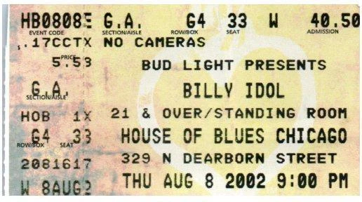 Billy Idol Ticket Stub August 8 2002 Chicago Illinois