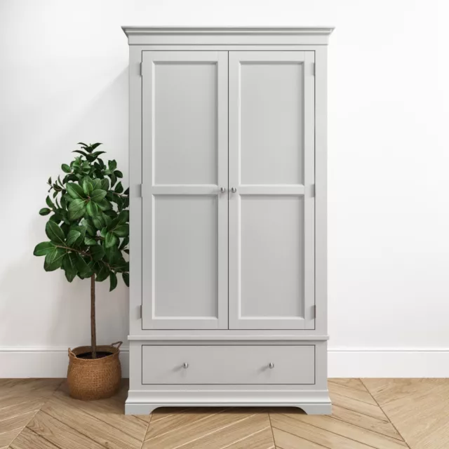Wardrobe 2 Door 1 Drawer Grey Wooden Classic French Style Silver Handles