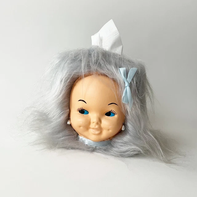 VTG 70S BABY Doll Face Head Gray Hair Tissue Box Cover Dispenser