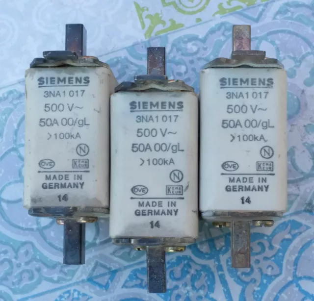 3X Siemens 3NA1017 50A cartouche fusible à couteaux taille 00 gl 500V Lot de 3 3