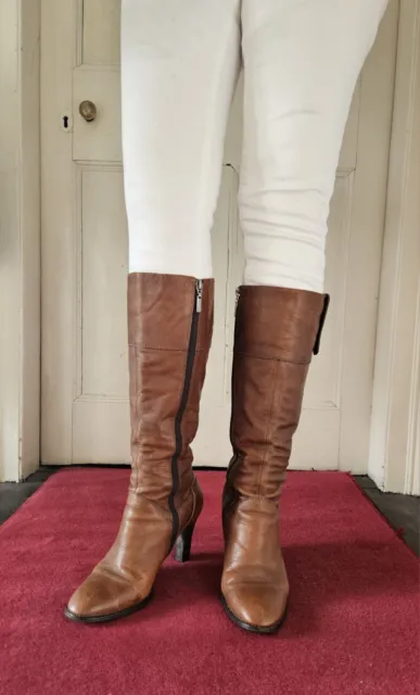 WOMENS RIVER ISLAND Tan Brown Leather Zip-Up Knee-Length Heeled Boots ...