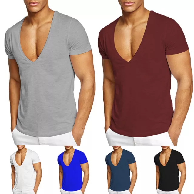 T-Shirt En Coton À Manches Courtes Et Col En V Profond Pour Homme Coupe F