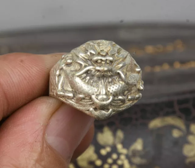 2.8CM Old Chinese Miao Silver Dragon Loong Head Beast Jewellery Hand Ring