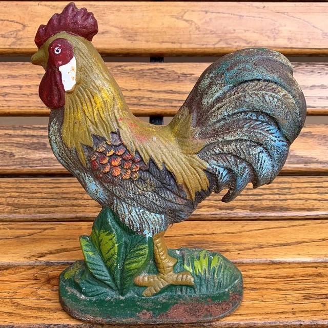 Vtg Antique Wedge Back Painted Cast Iron Rooster Door Stop 8-3/8"H Farmhouse