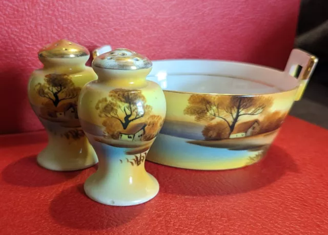 Vintage Noritake Bowl And Shakers Hand Painted House Lake Gold Trim Square Japan