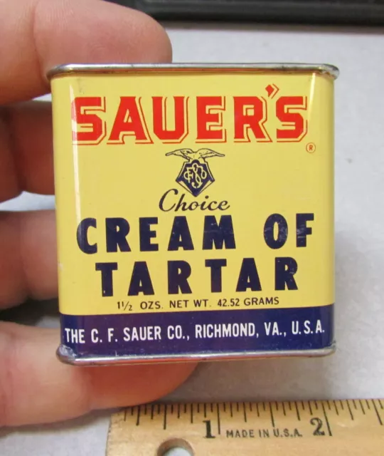 vintage Sauers Cream of Tartar 1.5 oz spice tin, new old stock FULL & UNOPENED!