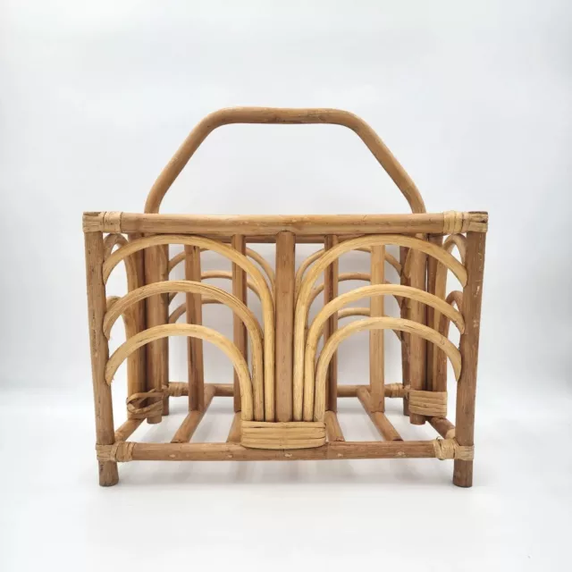 Vintage Mid-Century Modern Magazine Rack Rattan Bent Wood Bamboo Book Holder 16"