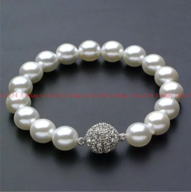 Fashion Natural 10mm Genuine White Shell Pearl Round Beads Bracelets 7.5''