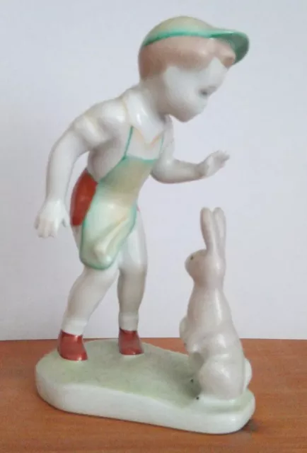 Vintage Aquincum Budapest Hungarian Porcelain Figurine Boy With Hare