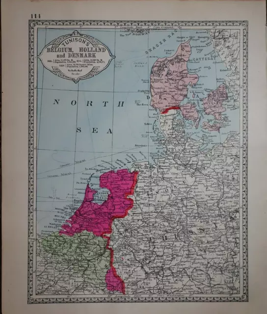 1885 Tunison Atlas Map ~ BELGIUM - HOLLAND - DENMARK ~ (11x14) ~ Free S&H