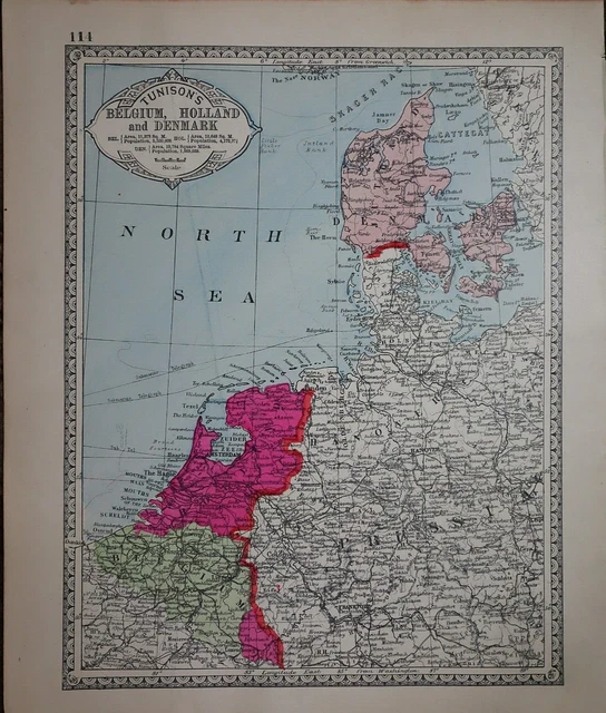 1885 Tunison Atlas Map ~ BELGIUM - HOLLAND - DENMARK ~ (11x14) ~ Free S&H