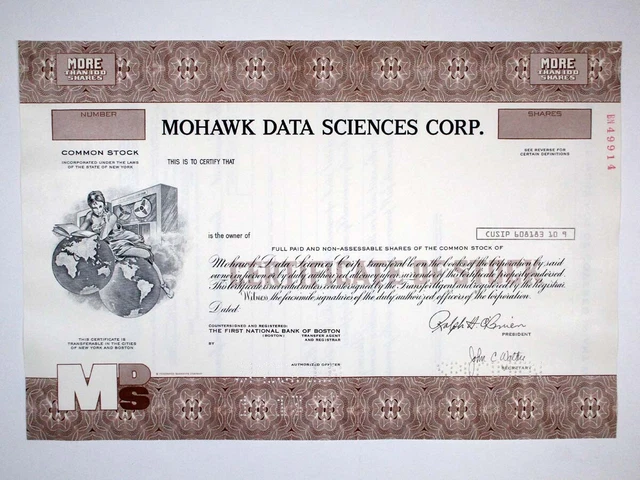 NY. Mohawk Data Sciences Corp., 1976. 100 Shrs Specimen Stock Cert., XF-AU FBNC