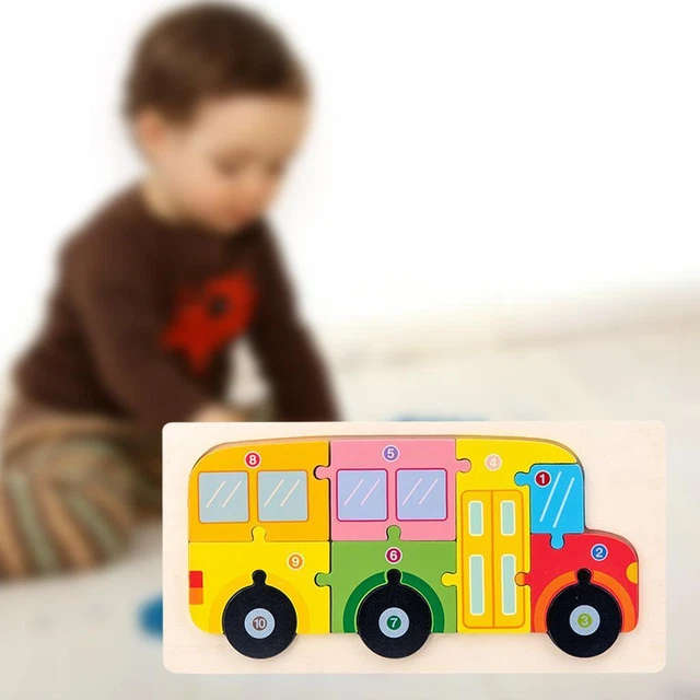 Wooden Cartoon Jigsaw Puzzle Brain Teasers Blocks for Ages 2-4 New Year Gift Bus