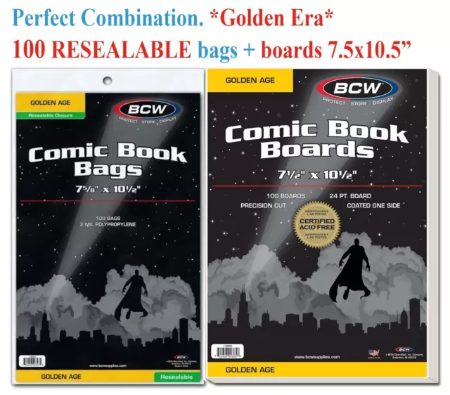 100 BCW Golden Age RESEALABLE Comic Bags Protection Holders Sleeve + Back Boards