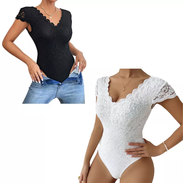 Women's Sexy Floral Lace V neck Bodysuit Lady Cap Sleeve T-Shirt Leotard Tops