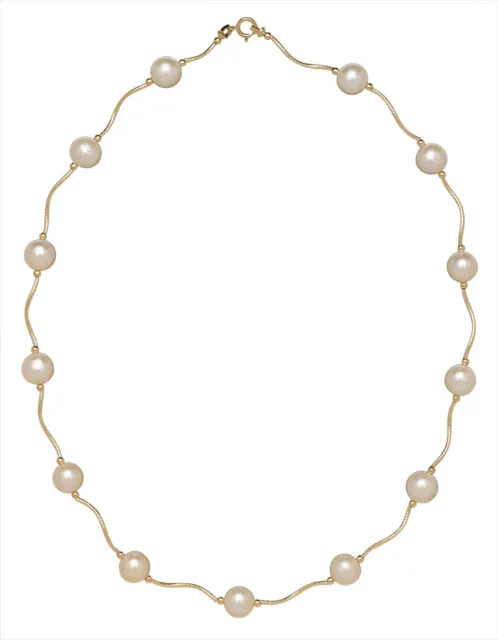 14K Real Solid Gold Natural Freshwater Pearl Station Beaded Necklace 16" 18" 20"