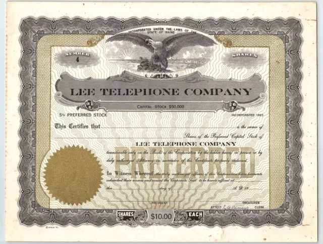 c1930 Lee Telephone Company Preferred Share Certificate Maine Eagle Vignette VTG