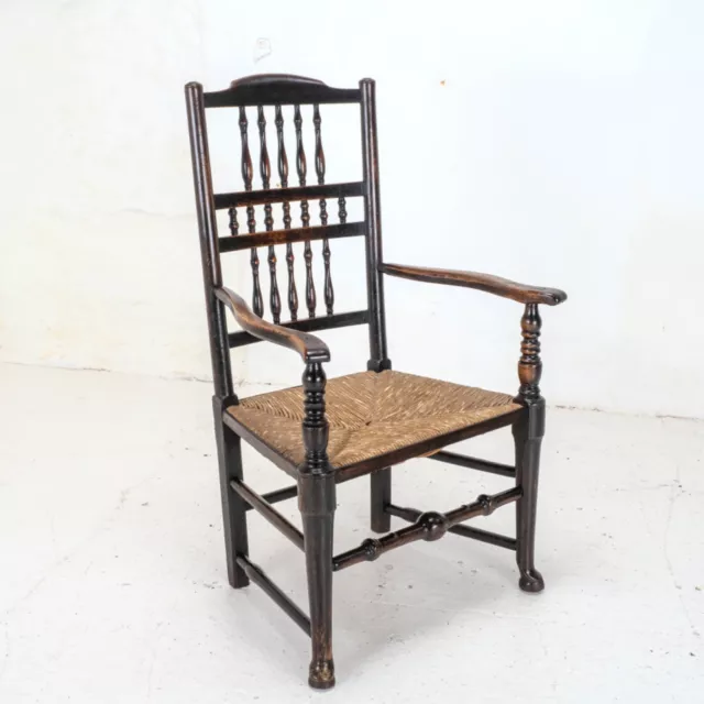 C19th Elm & Ash Lancashire Rush Seat Country Carver Armchair