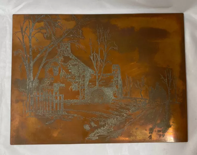 Original Vtg Copper Etching Art Litho Proof Print Plate Rural Farmer Scene Rare