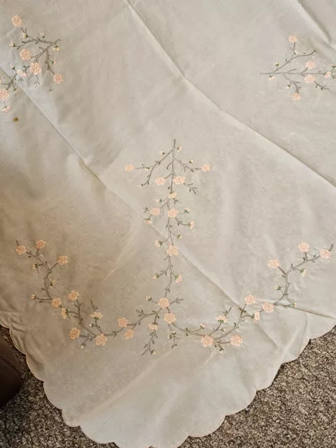 Madeira Embroidery applique Pink flowers Organdy Tablecloth 122"x62", 11 napkins