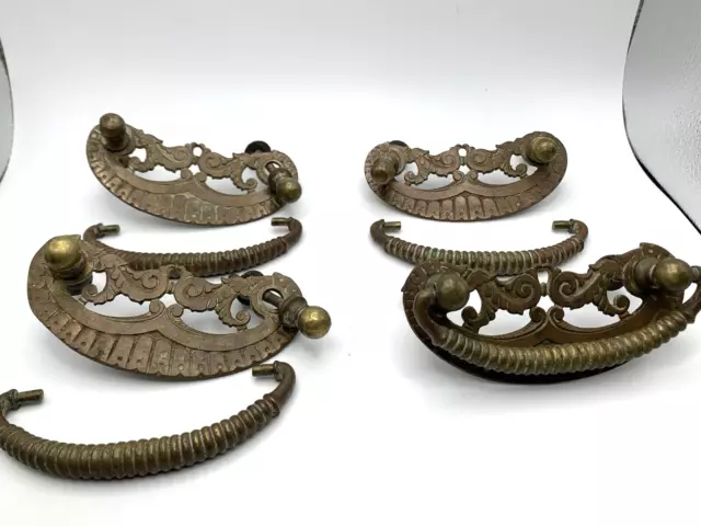 Vintage Brass Drawer Pulls Set of 4 Ornate Scroll Ribbed Patina Dresser Hardware