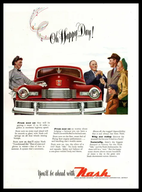 1947 Nash 600 Flying Scot Engine Purchase At Dealership "Oh Happy Day!" Print Ad