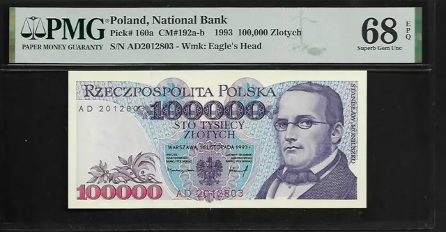 Poland 100,000 Zlotych  1993 PMG 68 EPQ UNC Series AD P#160a Stanislaw Moniuszko