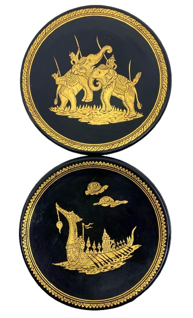 (2) BURMA Burmese Black Lacquer Plates Gold ROYAL BOAT ELEPHANT Zoomorphic Prow