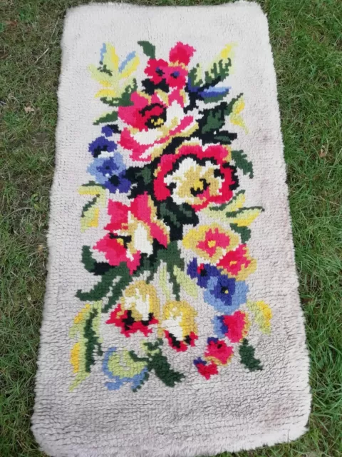 Original 1950's/60's Hand Made Wool Latch Hook Knotted Floral Rug 110cm x 54cm