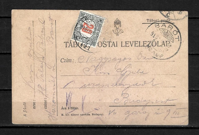 Hungary unfranked tabori postcard BAROT 6/2/1918 Budapest 20f red chiff PD stamp