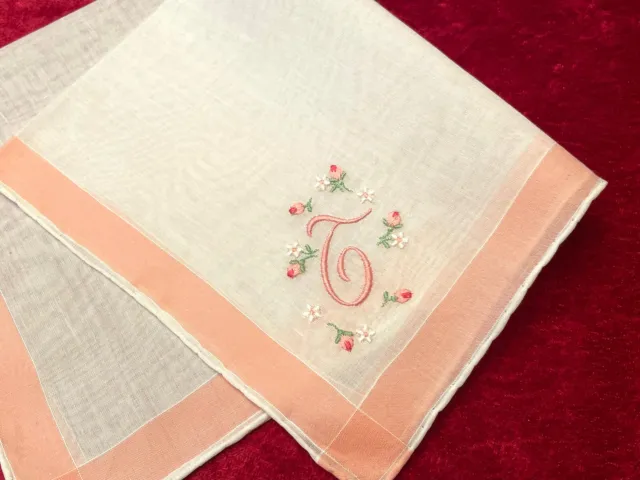 Vintage Handkerchief MONOGRAM “T” Pink Petit Flowers Keepsake Wedding Bridal