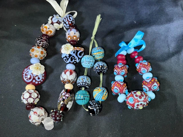 M720) New Lot 3 Handmade Unnamed Lampwork Multi Colored Art Glass Bead Strings