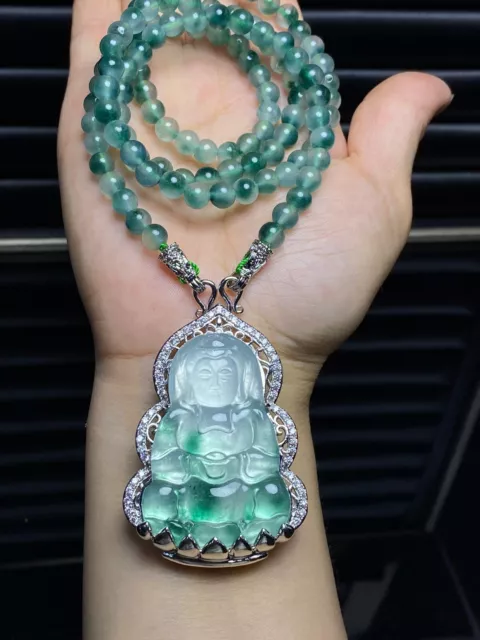 Certified Natural Green Jade Perfect Ice Jadeite Carved Guanyin Pendant&neck