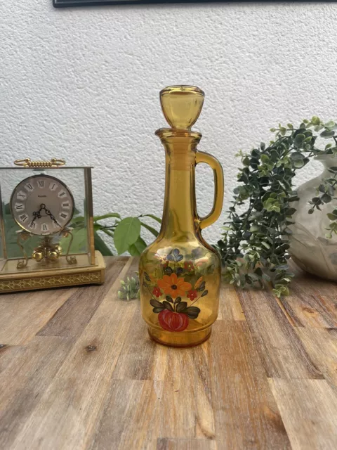 Ancienne Carafe Italienne Vintage en Verre Ambre Décor Floral