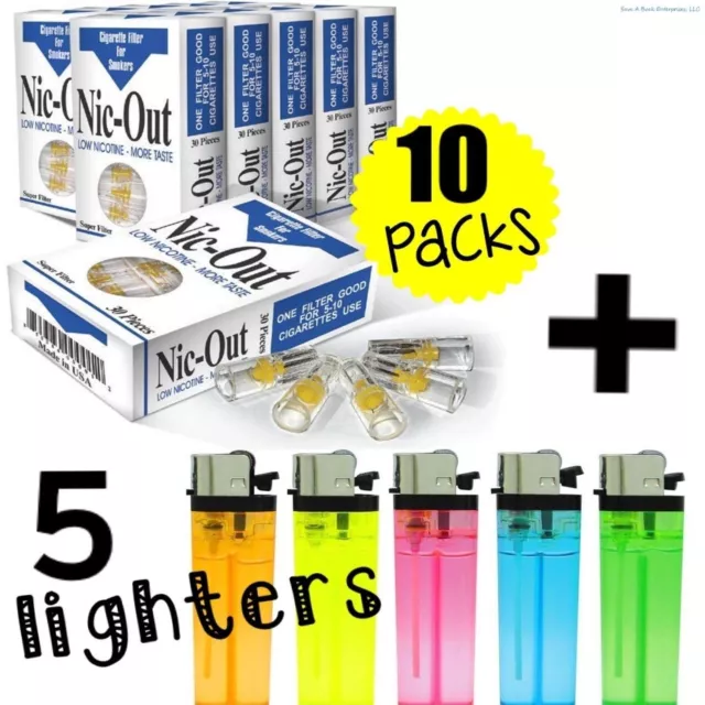 10 Packs NIC-OUT Cigarette (300 Disposable Filters)  + 5 FREE LIGHTERS ~ COMBO