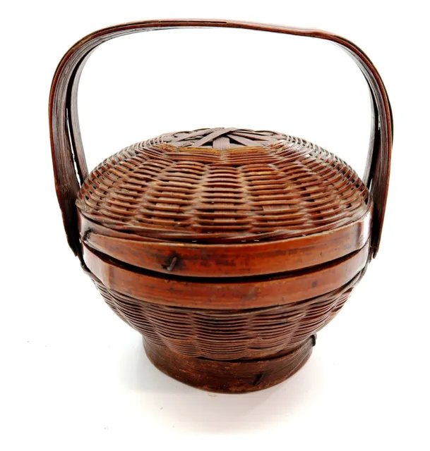 Vintage CHINESE WEDDING ? BASKET Woven Bamboo with Handle Cute Design 6" Tall