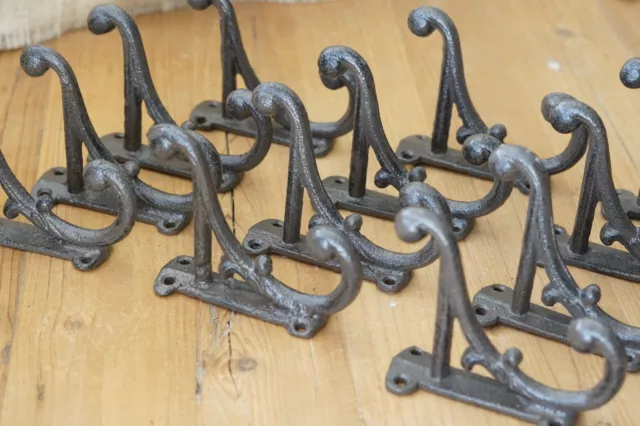 12 Rustic Coat Hooks Antique Style Cast Iron 4.5" Wall Double Restoration Brown 2