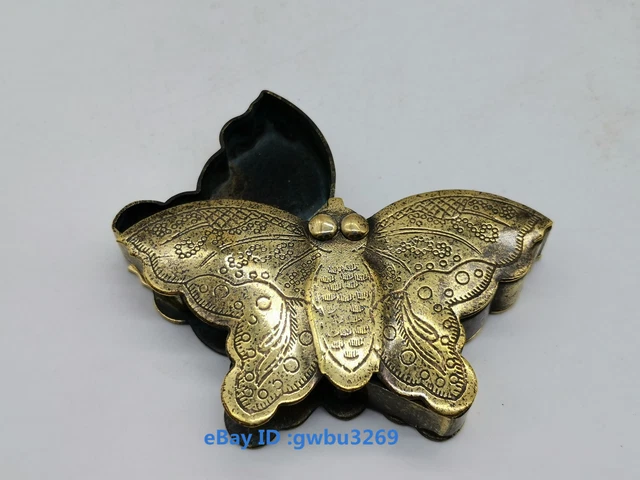 Vintage Chinese old Brass Handwork carved Butterfly shape Makeup box 21326