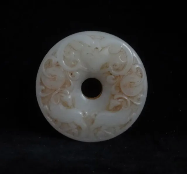 Fine Old Chinese Hand Carving Animals Nephrite Jade Ring Pendant