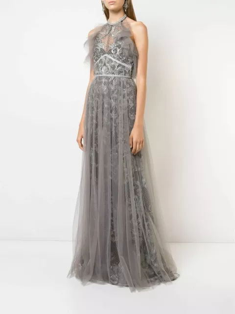 NWT MARCHESA NOTTE Embellished Tulle Halter neck Gown 10 In Silver/Gray $1100