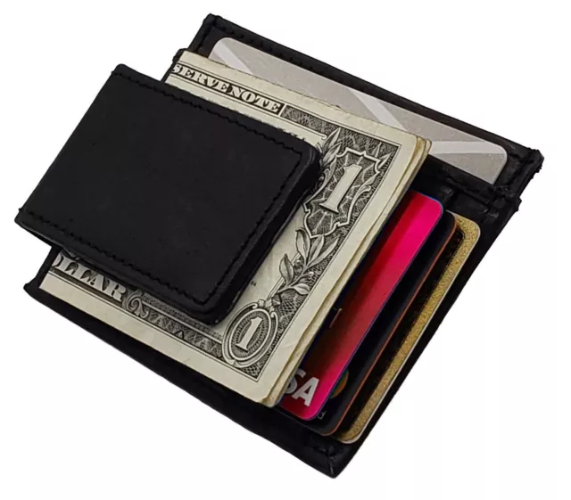 Black Men's Leather Money Clip Front Pocket Magnetic ID Card Wallet New