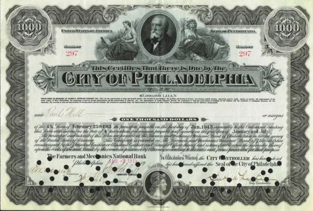 USA CITY OF PHILADELPHIA LOAN  stock certificate/bond $1000