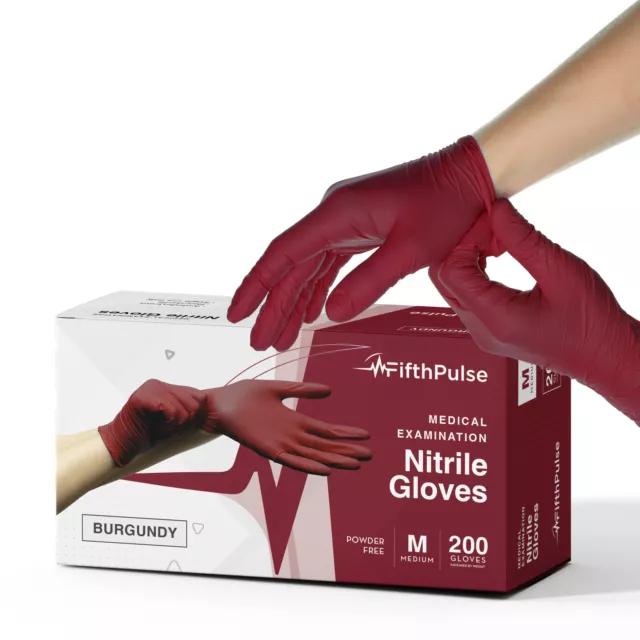 Fifth Pulse Nitrile Exam Latex & Powder Free Gloves - Burgundy -  200 Gloves (M)